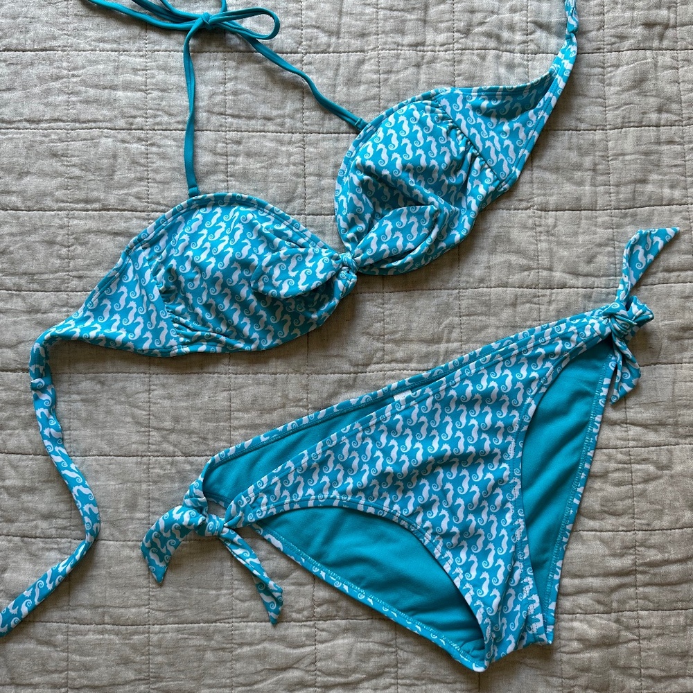 Gap Body Tie Bikini Bottoms, Large, Aqua and White
